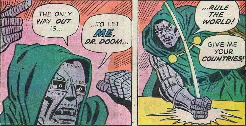 A comic book panel shows Dr. Doom in his green cloak and metallic armor, first speaking calmly about the 'only way out'…
