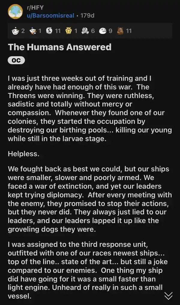 A screenshot of a Reddit post from r/HFY, titled 'The Humans Answered', showing a long text narrative written by user…