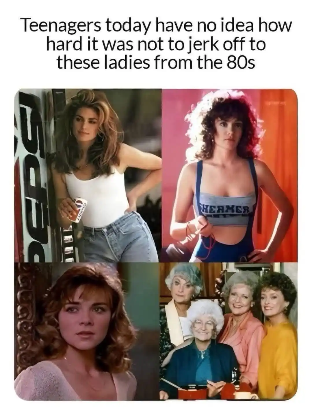 The image is a four-panel collage featuring iconic women from the 1980s: a woman in a white tank top holding a Pepsi can, a…