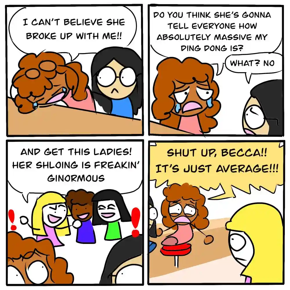 A four-panel comic shows a woman crying over a breakup, then obsessively asking if her ex will reveal her 'massive ding…