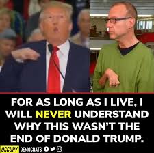 The image shows a split-screen: on the left, Donald Trump speaking at a podium with a red tie, pointing forward; on the…