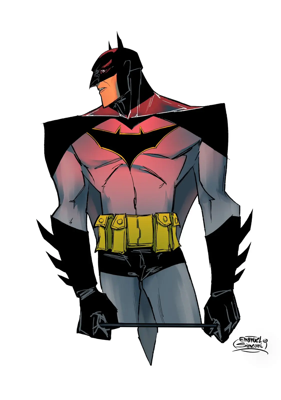 A muscular Batman stands in a heroic pose, wearing a black and red suit with a yellow utility belt, his cape flowing behind…