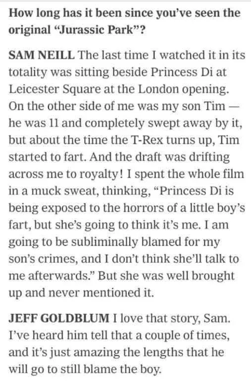 A text-based meme featuring a quote from actor Sam Neill recalling a story about watching 'Jurassic Park' with Princess…