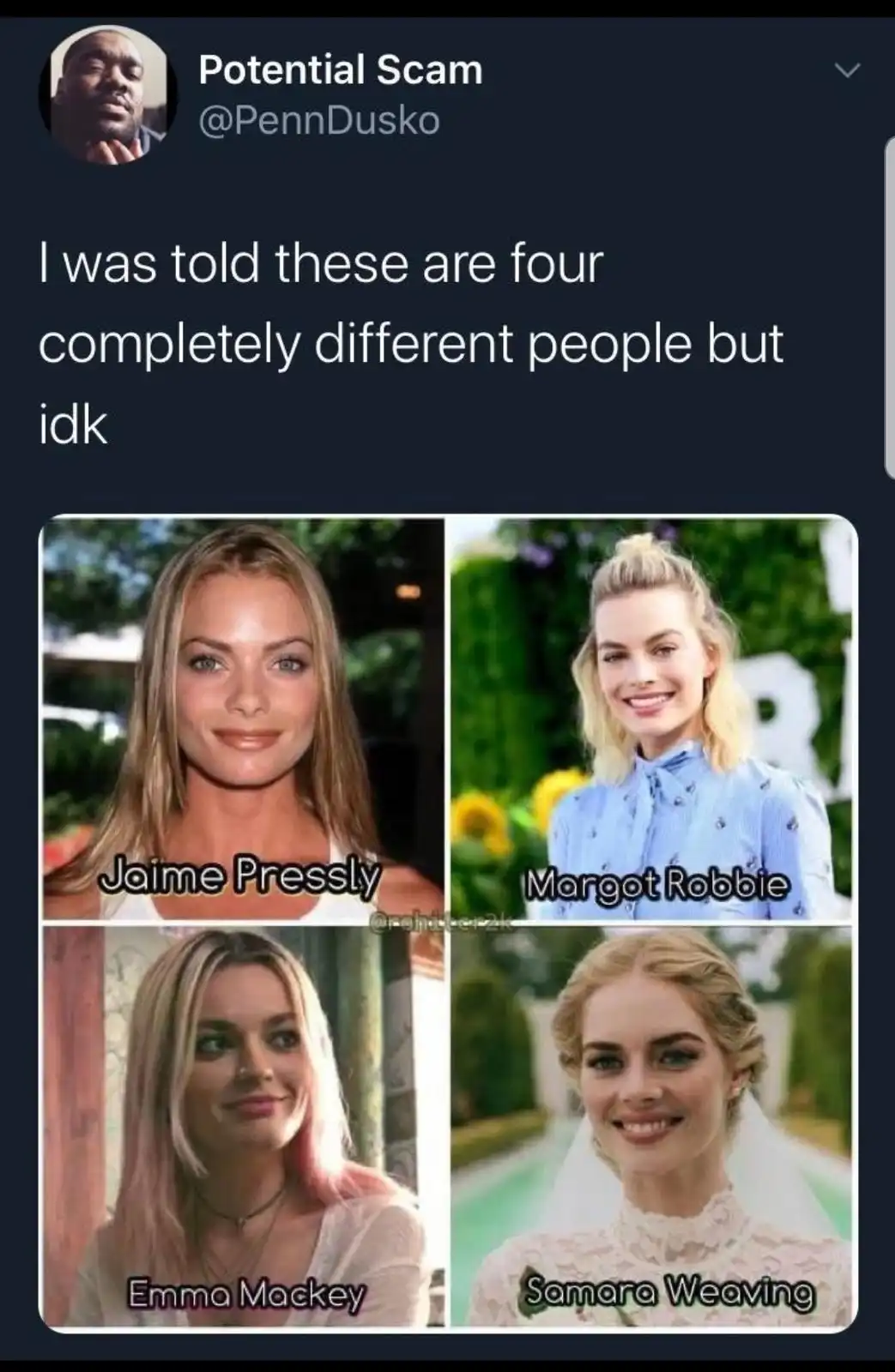 A Twitter post by 'Potential Scam' shows a four-panel image with actresses Jaime Pressly, Margot Robbie, Emma Mackey, and…