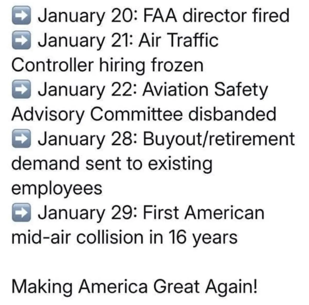 A list of dated events from January 20-29 showing a sequence of FAA-related negative developments, culminating in a mid-air…