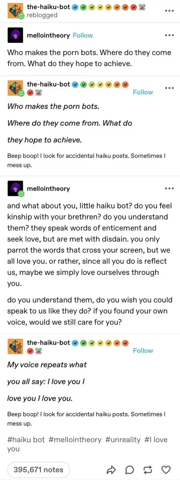 A screenshot of an Instagram comment thread shows a user named 'mellointheory' asking a haiku bot named 'the-haiku-bot'…