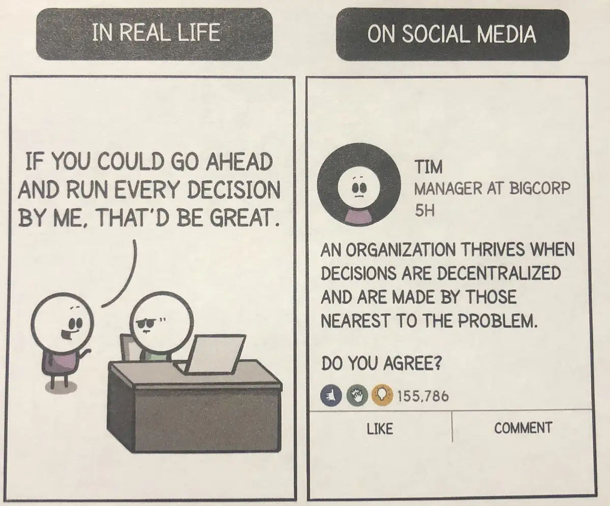 The image is split into two panels. The left panel, labeled 'IN REAL LIFE,' shows a cartoon character asking another to run…