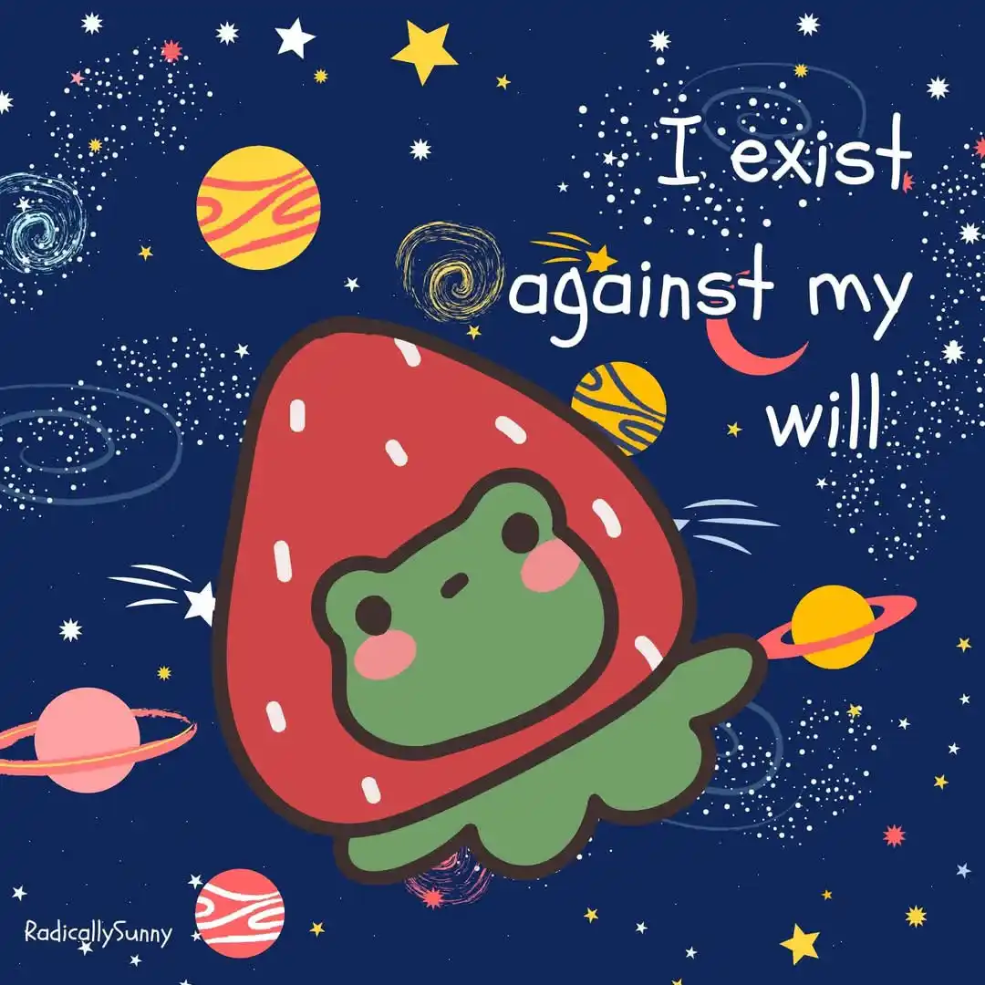 A cute green frog with pink cheeks is trapped inside a red strawberry, floating in a colorful space scene with stars…