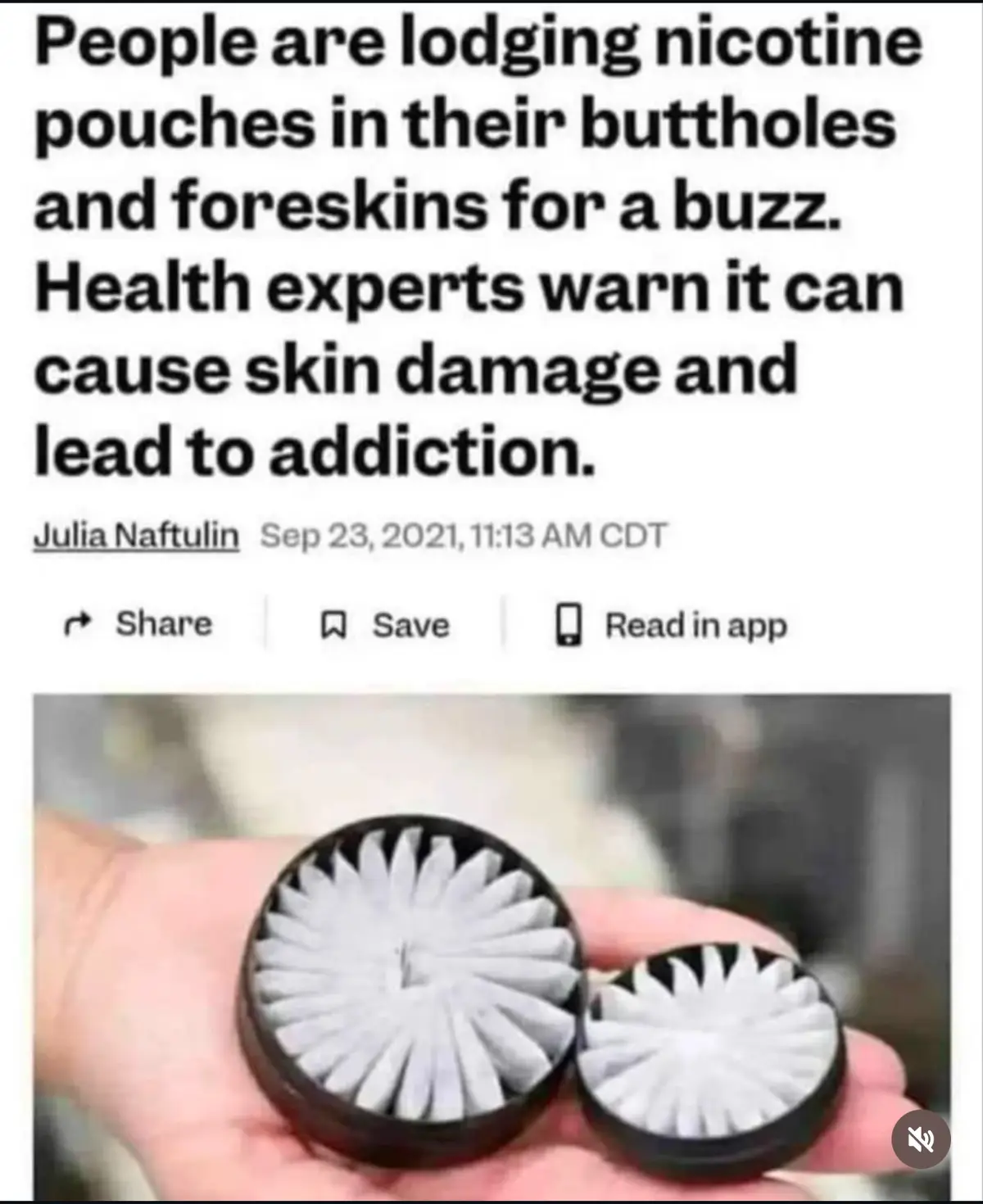 The image displays a screenshot of a news article with a headline about people inserting nicotine pouches into their…