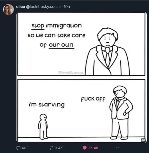A two-panel black-and-white comic strip shows a man in a suit saying 'stop immigration so we can take care of our own' in…