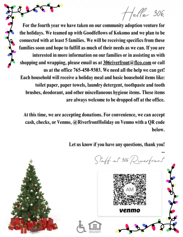 A festive holiday donation flyer from '306 Riverfront' features a decorated Christmas tree with red presents, colorful…