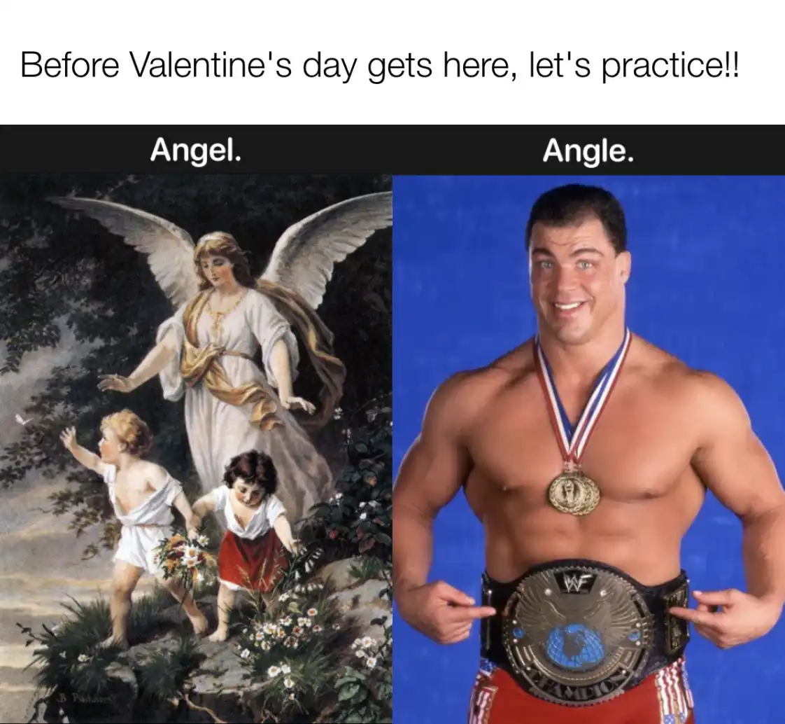 The image is split into two panels. The left panel shows a classical painting of an angel with large white wings standing…