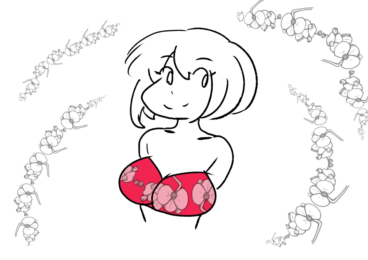 A simple line-art anime-style drawing of a smiling girl with short hair, wearing red shorts with pink orchid patterns…