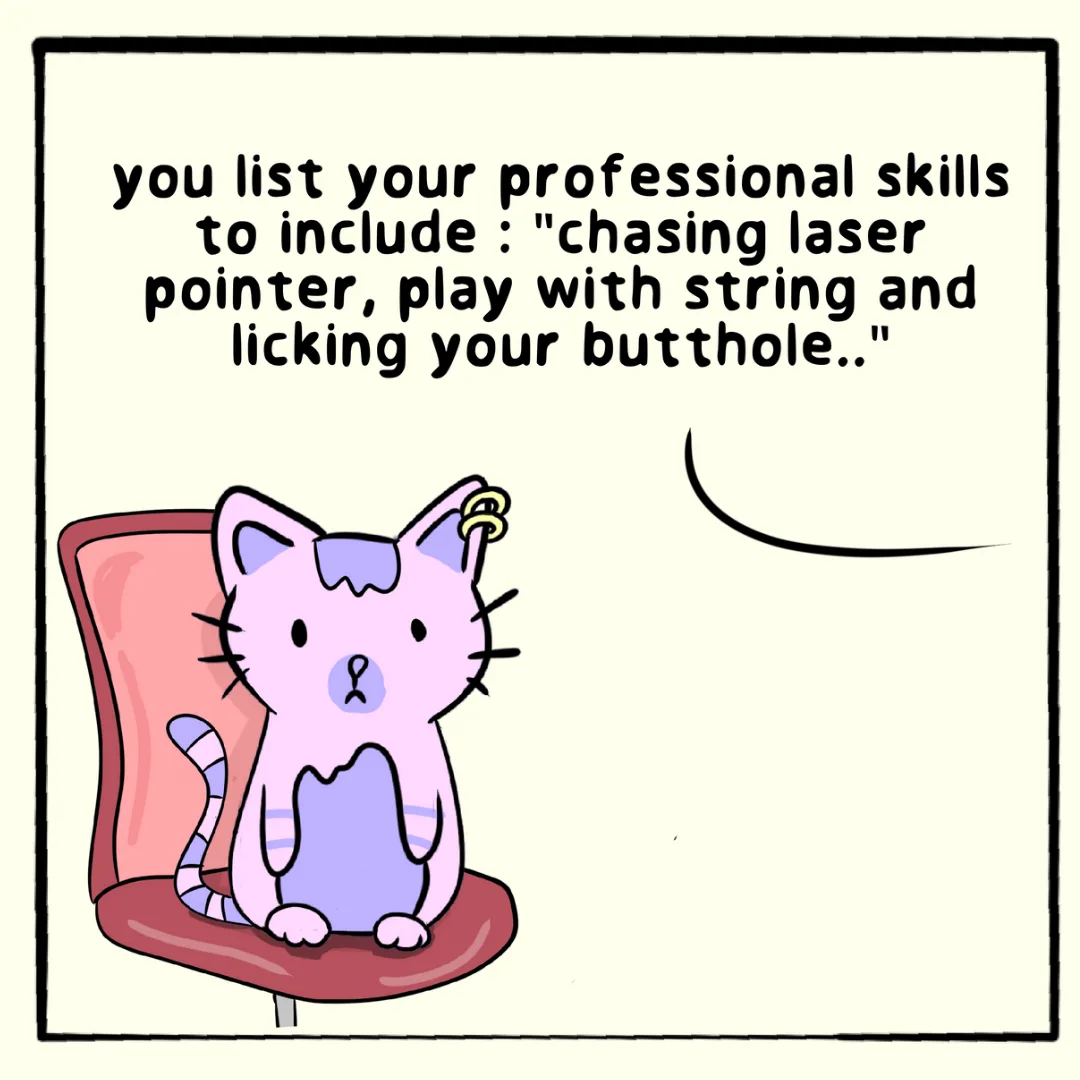 A cartoon pink cat with a gold hair clip sits on a red office chair, looking surprised as a curved line suggests a speech…