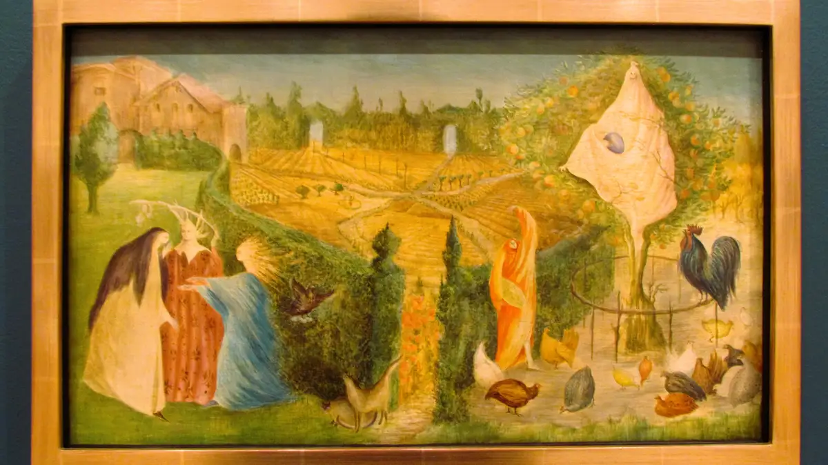 this is a surreal painting depicting a pastoral landscape with stylized human figures, chickens, and a ghostly humanoid…