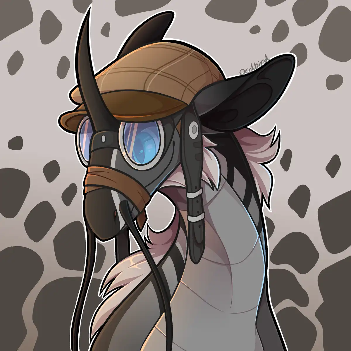 An anthropomorphic horse with a brown plaid hat and aviator goggles looks forward with a serious expression, set against a…