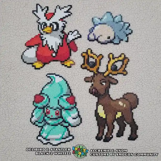 Four pixel-art style bead crafts of Pokémon characters: Delibird in a red coat, Snom with blue spiky hair, Alcremie in a…