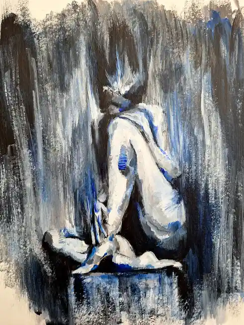 A painting depicts a figure in a white robe sitting on a rock, viewed from behind, with dark, textured brushstrokes in the…