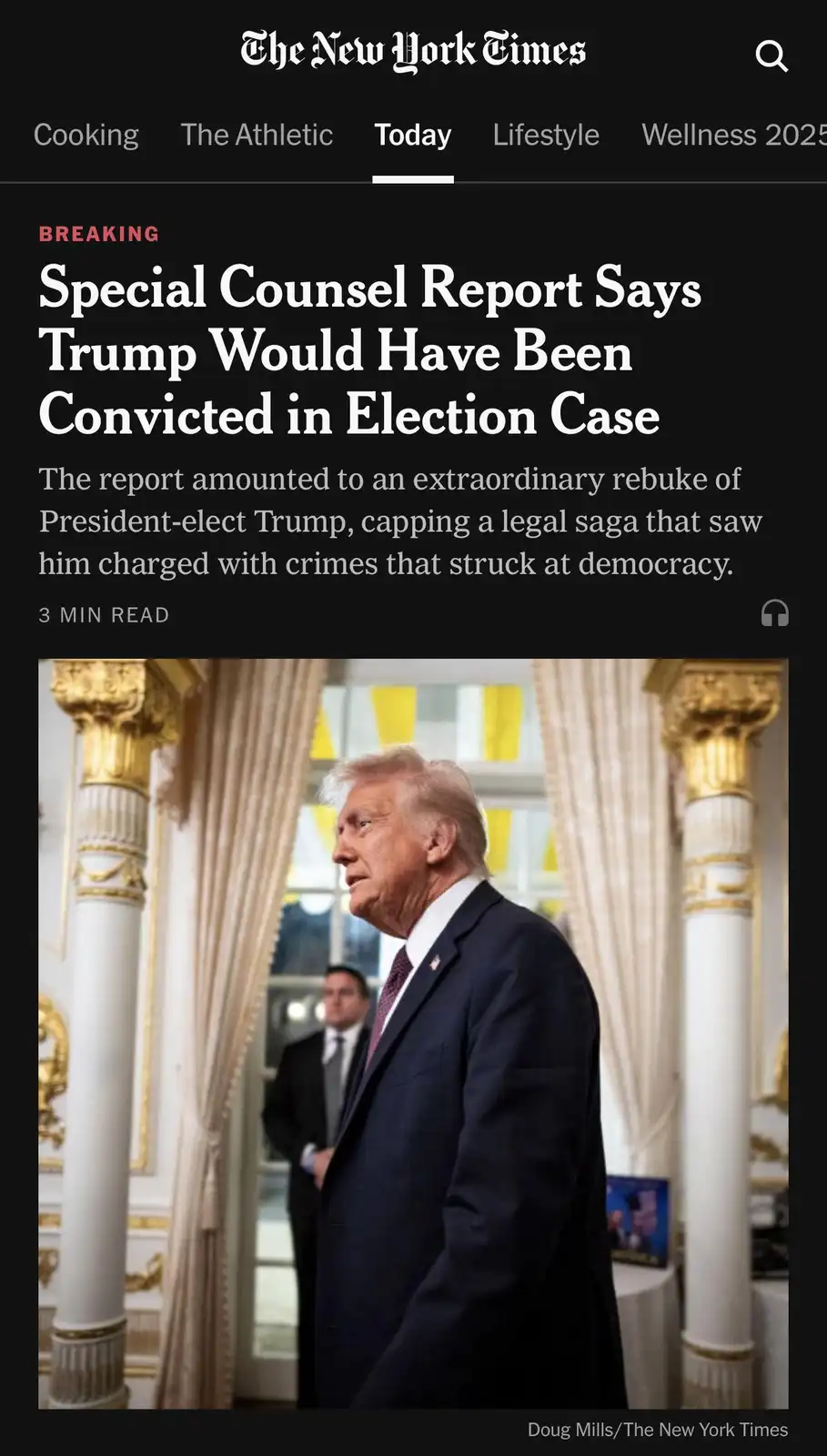 A screenshot of a New York Times article headline reading 'Special Counsel Report Says Trump Would Have Been Convicted in…