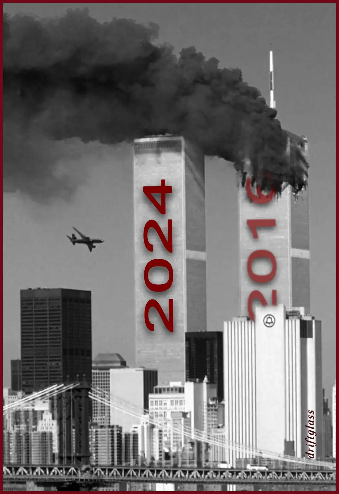 A black-and-white photo of the World Trade Center towers on fire with thick smoke billowing from the top, an airplane…