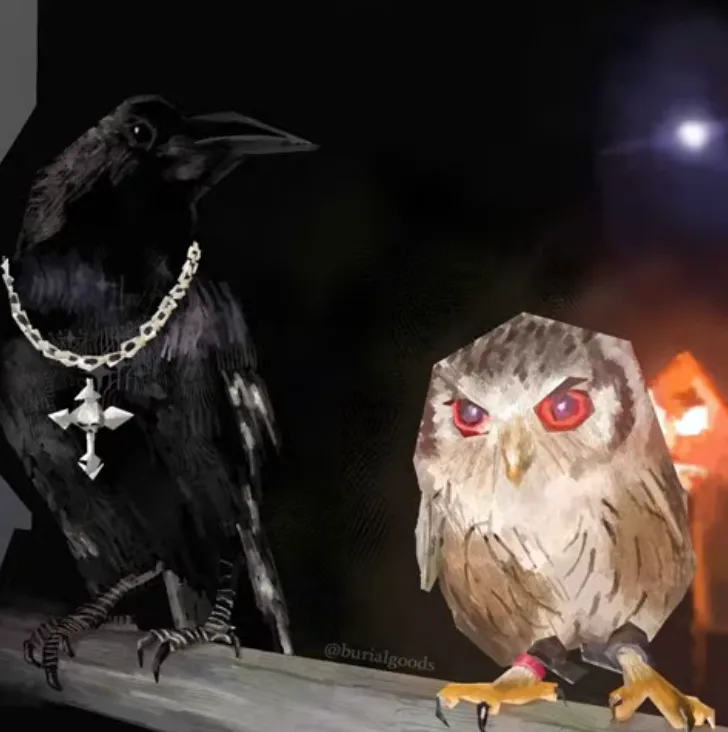 A black crow wearing a silver chain with a cross pendant stands next to a brown owl with glowing red eyes, both perched on a…