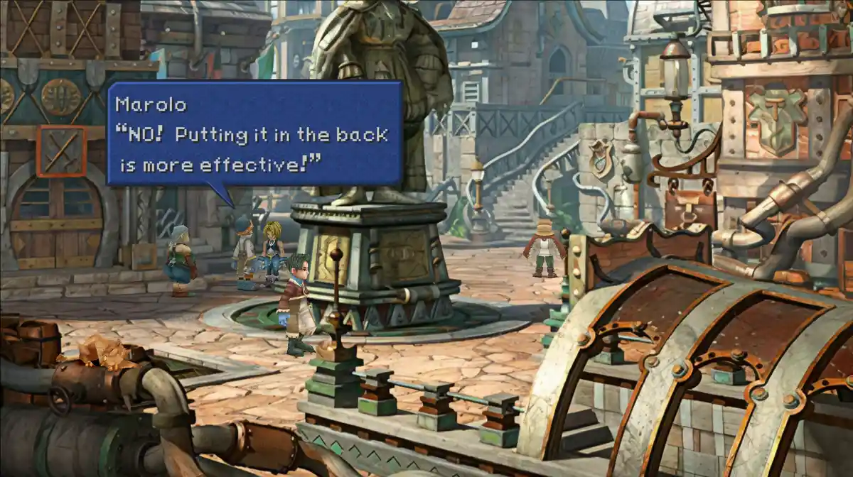 A screenshot from the video game Final Fantasy XII shows a character named Marolo in a dialogue box, yelling "NO! Putting it…