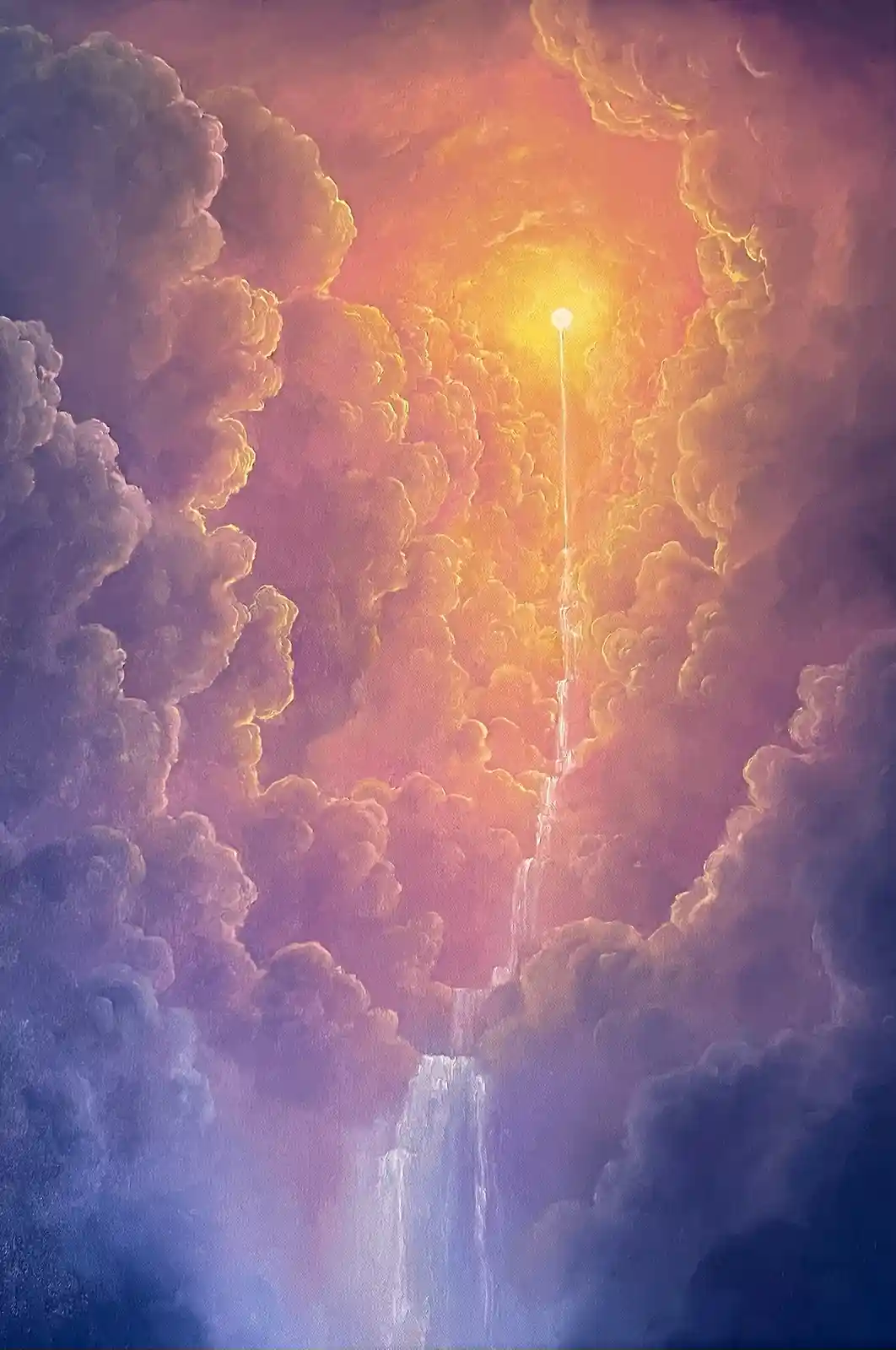A surreal painting depicts a luminous waterfall cascading from a bright celestial light source at the top of a sky filled…
