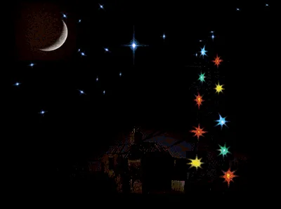 A pixelated animation shows a starry night sky with a crescent moon and a Christmas tree made of colorful stars. In the…