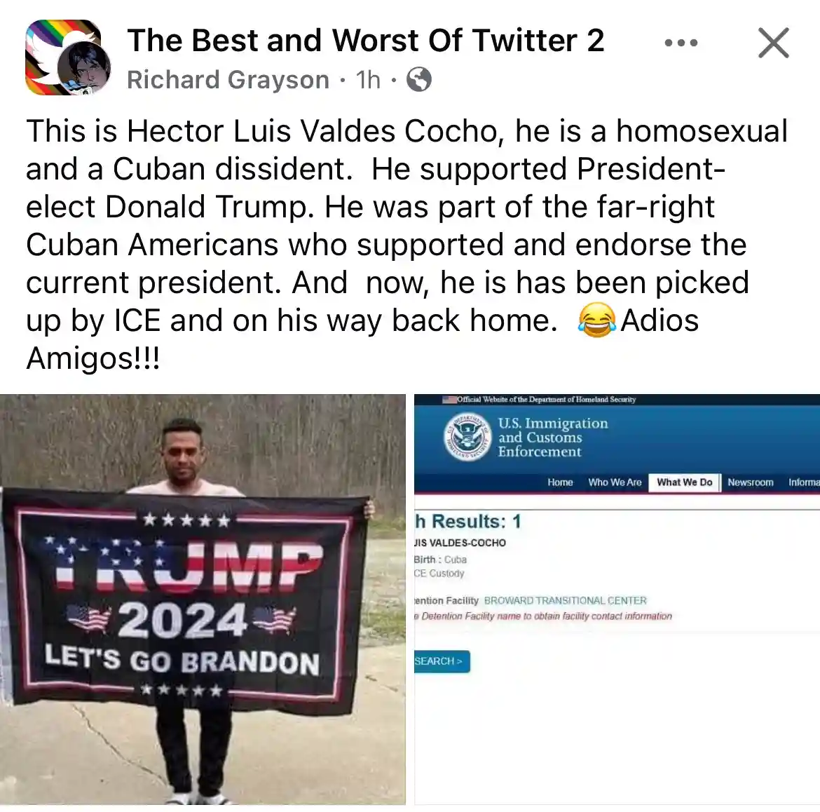 The image shows a split-screen: on the left, a man holding a 'TRUMP 2024 LET'S GO BRANDON' banner; on the right, a…
