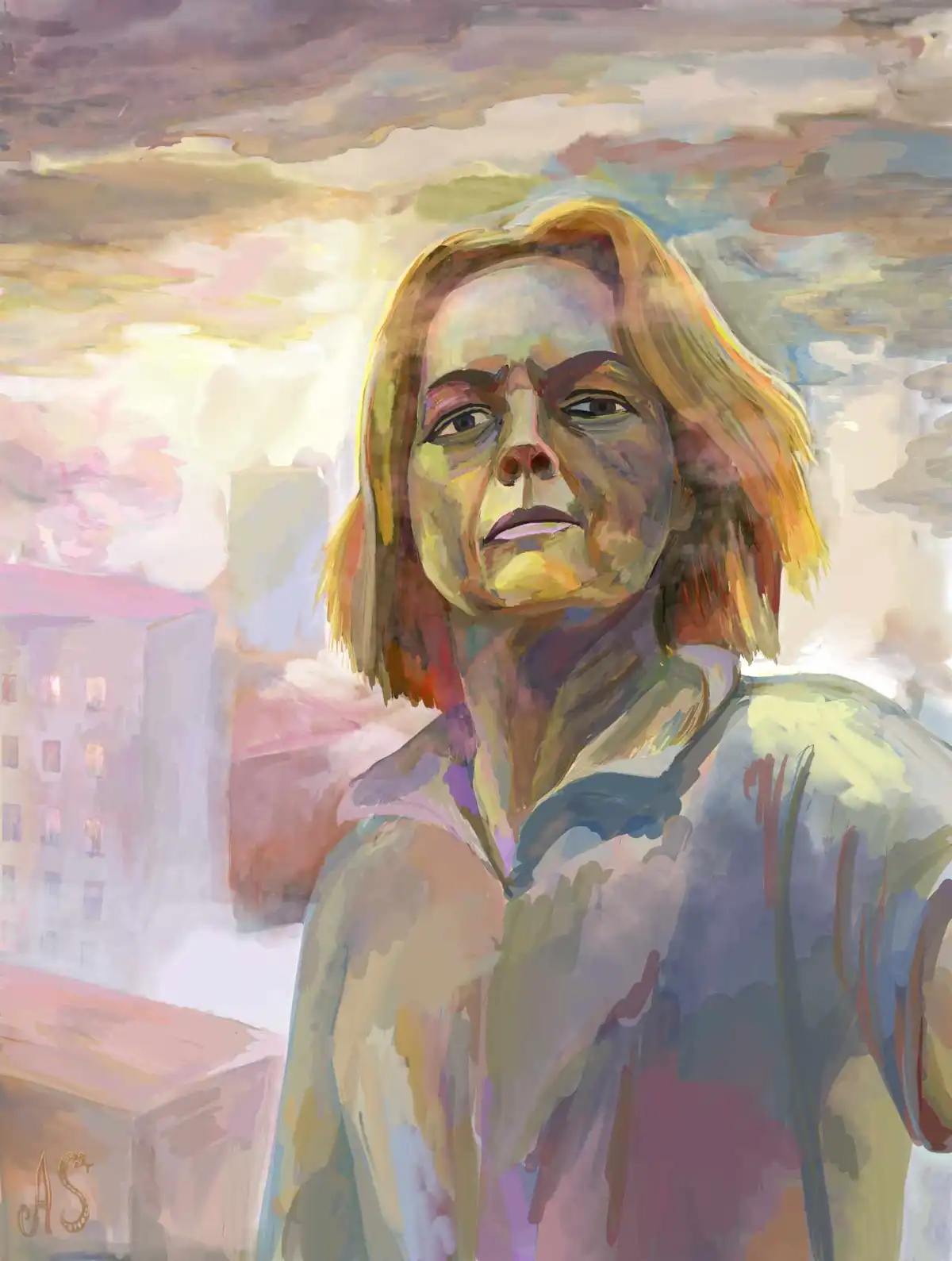 A watercolor-style portrait depicts a person with shoulder-length blonde hair and a weary, unimpressed expression, looking…