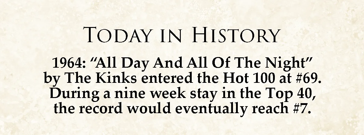 A beige parchment-style image displays black serif text under the heading 'TODAY IN HISTORY'. The text details a 1964 music…