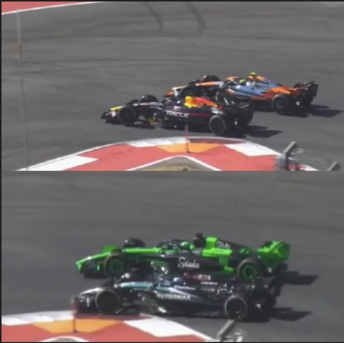 The image is a two-panel meme showing Formula 1 cars stacked on top of each other at a track corner. The top panel shows a…