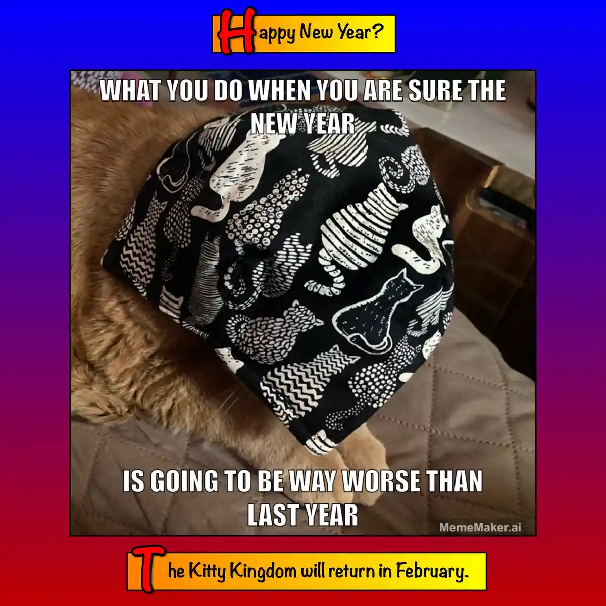 A cat wearing a black beanie with white cat patterns is shown with overlaid text. The top text asks 'Happy New Year?' and…