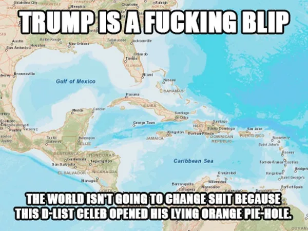 A map of the Caribbean and Gulf of Mexico region shows a tiny, barely visible dot labeled 'Trump' near the Florida coast…
