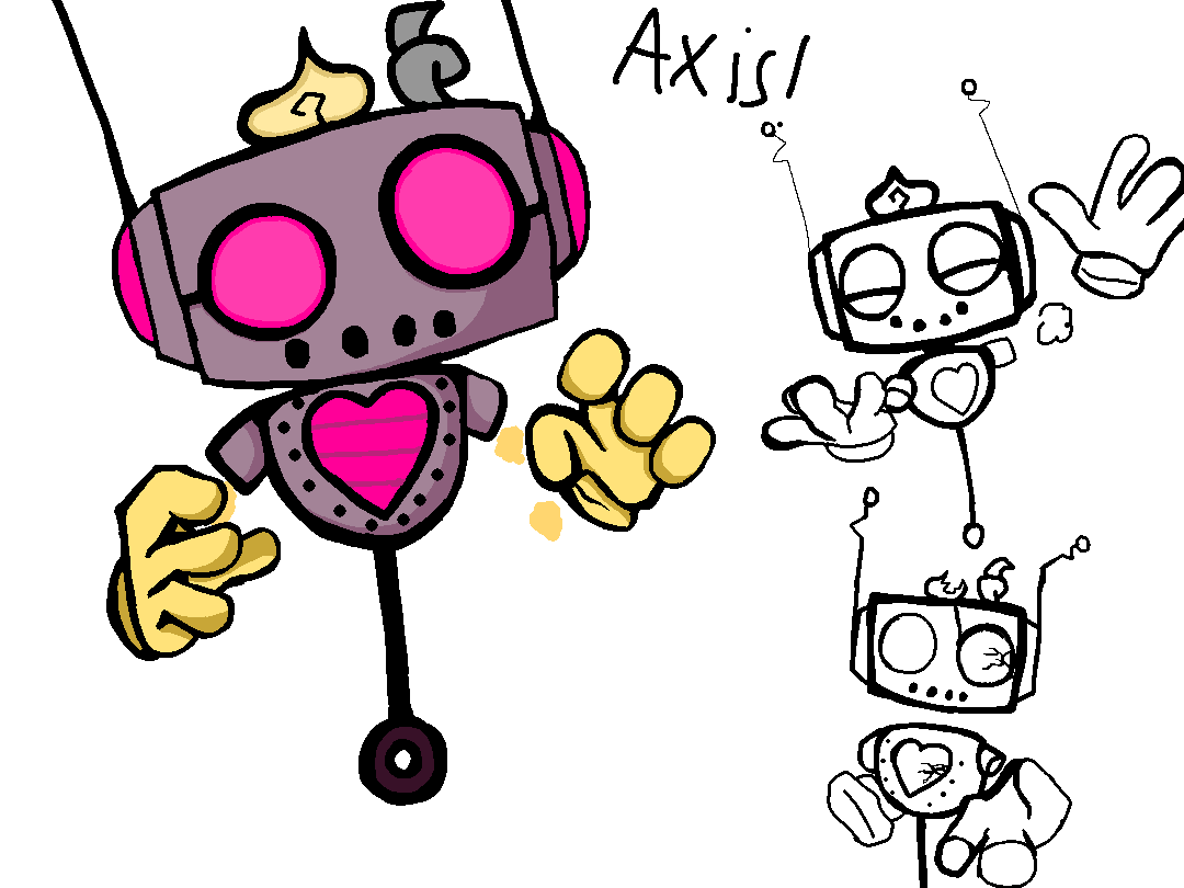 A cartoon robot with pink eyes and a heart emblem on its chest is shown in full color, reaching out with one hand while the…