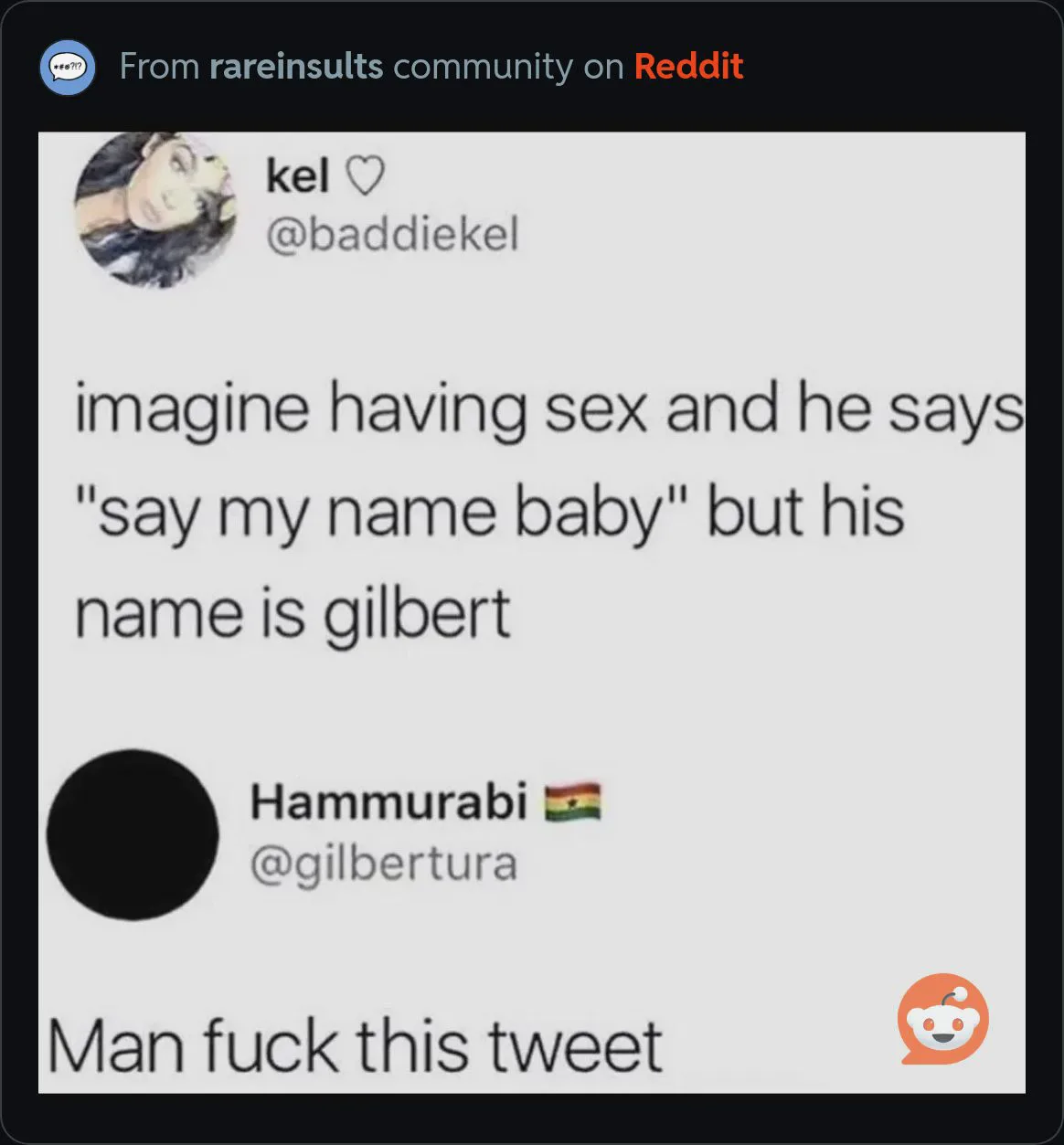 A screenshot of a Reddit comment thread shows user 'kel' posting a tweet imagining a partner saying 'say my name baby' but…