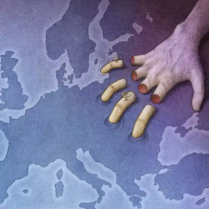 A watercolor-style illustration shows a human hand reaching toward a map of Europe and the Mediterranean. Four of the hand's…