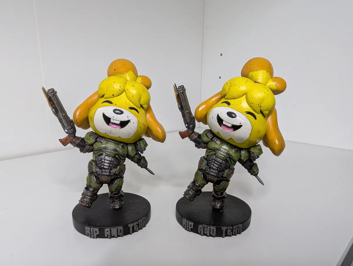 Two identical yellow cartoon dog figurines, resembling Animal Crossing characters, are dressed in green military armor and…