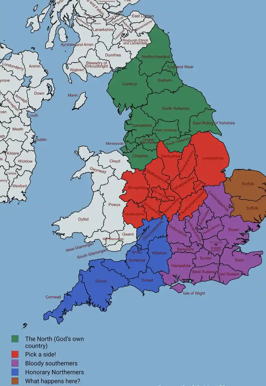 A map of the British Isles with counties color-coded: green for 'The North (God's own country)', red for 'Pick a side!'…
