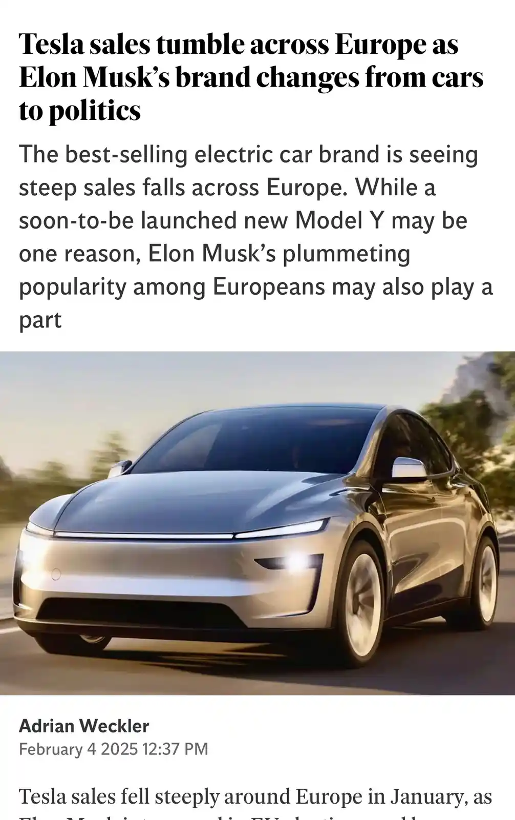 A news article screenshot shows a silver Tesla Model Y driving on a road, with the headline 'Tesla sales tumble across…