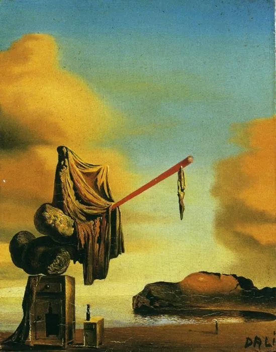 This image is a famous surrealist painting by Salvador Dalí, depicting melting clocks draped in cloth hanging from a pole…