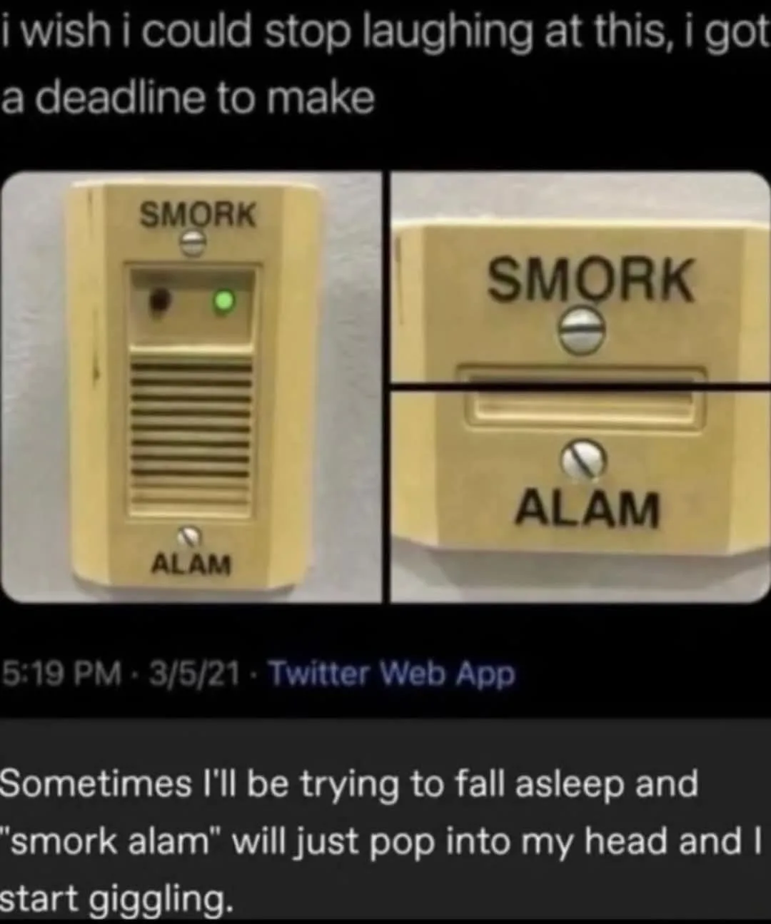 The image shows a split-screen of a beige smoke detector labeled 'SMORK' at the top and 'ALAM' at the bottom, with a green…