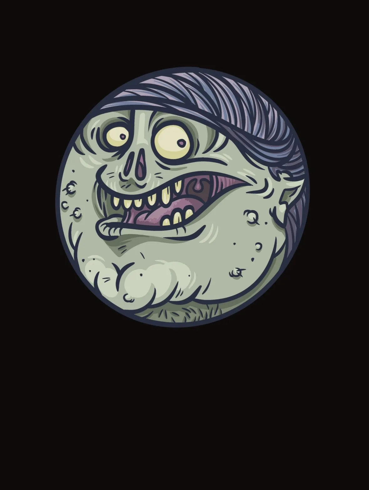 A cartoonish, grotesque green zombie face with wild eyes, sharp teeth, and a wide grin, set against a black background. The…