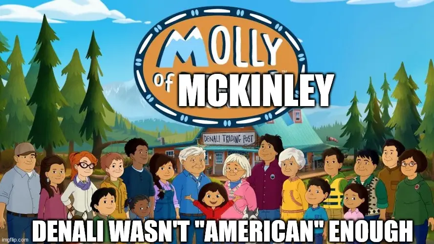 The image shows the cast of the animated show 'Molly of McKinley' standing in front of the Denali Trading Post with the…
