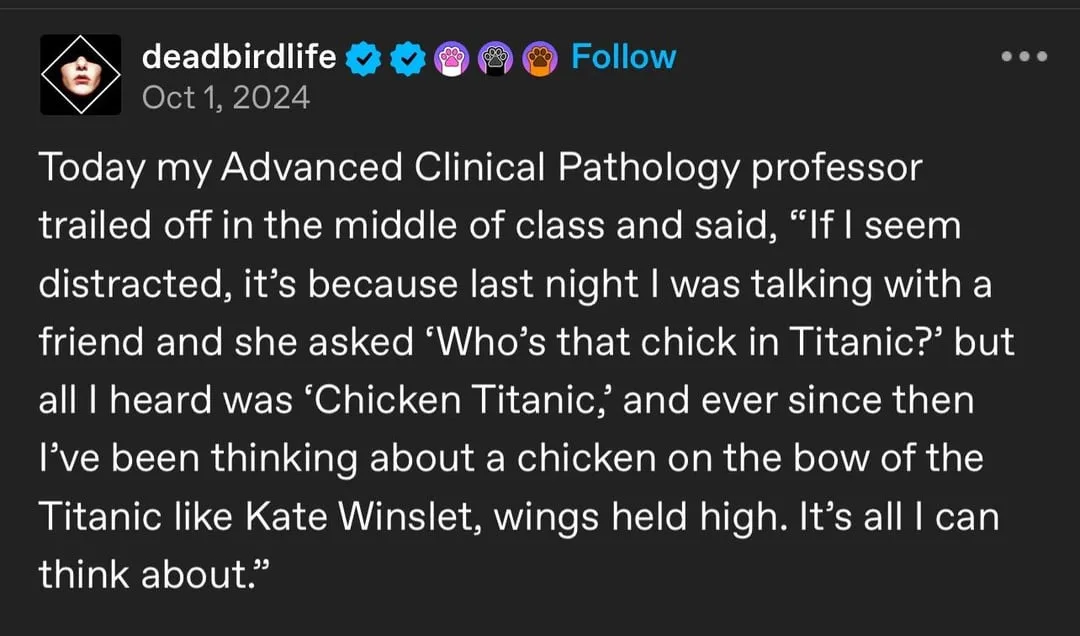 A screenshot of a social media post by 'deadbirdlife' dated October 1, 2024, featuring white text on a dark background. The…