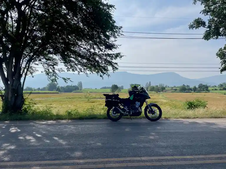 A black motorcycle with green accents and luggage is parked on the side of a rural asphalt road under a large tree. The…