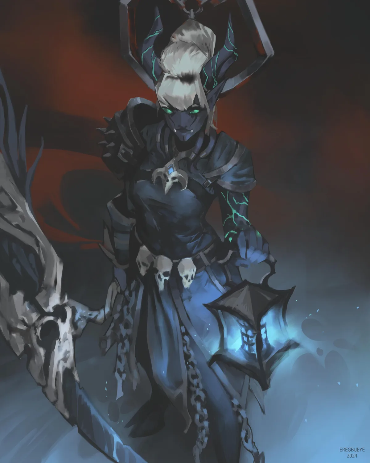 A dark fantasy illustration of a demonic-looking humanoid with glowing green eyes, horns, and armor, holding a glowing…