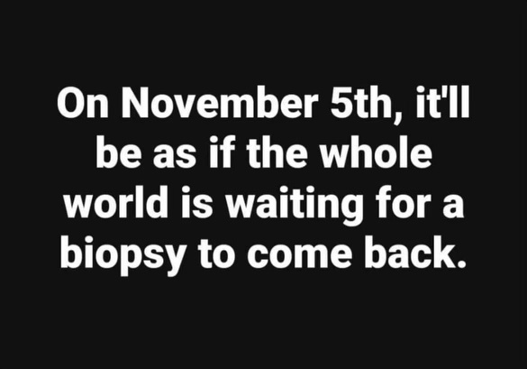 A black background with white text that reads: 'On November 5th, it'll be as if the whole world is waiting for a biopsy to…