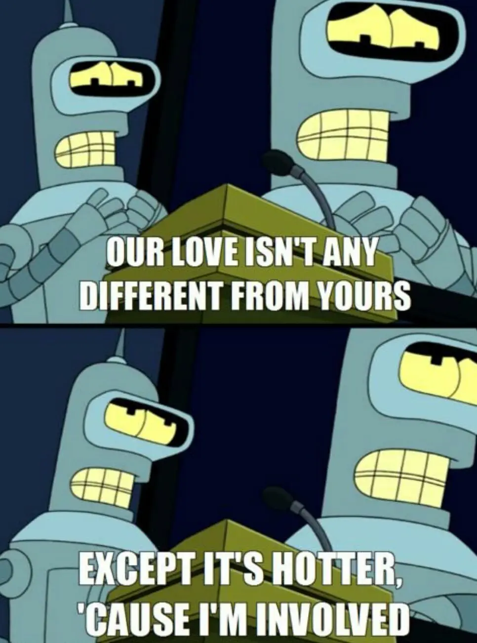 Two identical cartoon robots stand at a podium in a dark room, both with glowing yellow eyes and grinning mouths. The top…