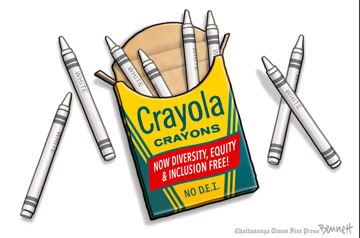 An illustration of a Crayola crayon box with several white crayons spilling out, each labeled 'WHITE'. The box has a red…